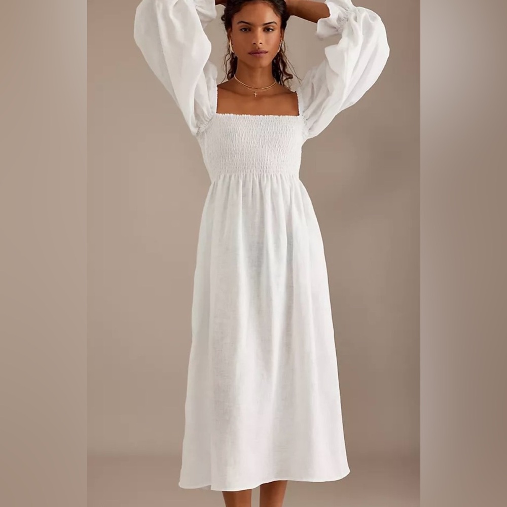 NEW Sleeper Atlanta Linen Dress Off-Shoulder White Puff Sleeve w/ Bow size L - Picture 6 of 14